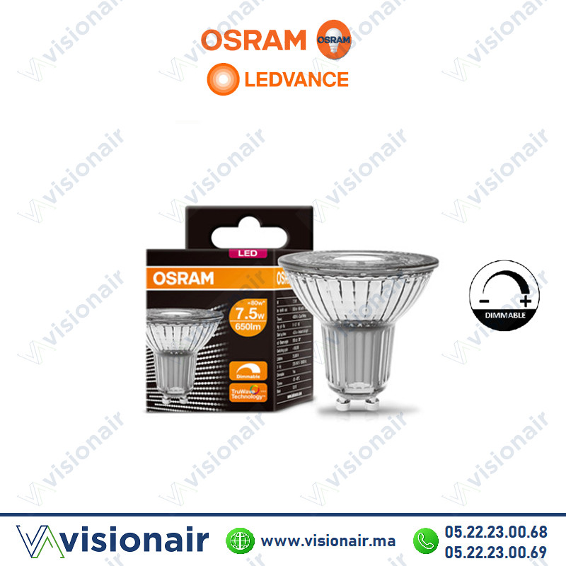 Lampe LED GU10 dimmable Ledvance 7.5W 2700°K Casablanca Maroc
