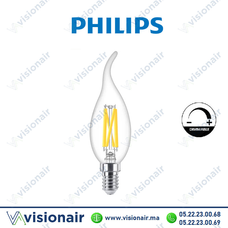 Lampe LED E14 dimmable flamme Philips Master 3,4W 2700°K coup vent Casablanca Maroc