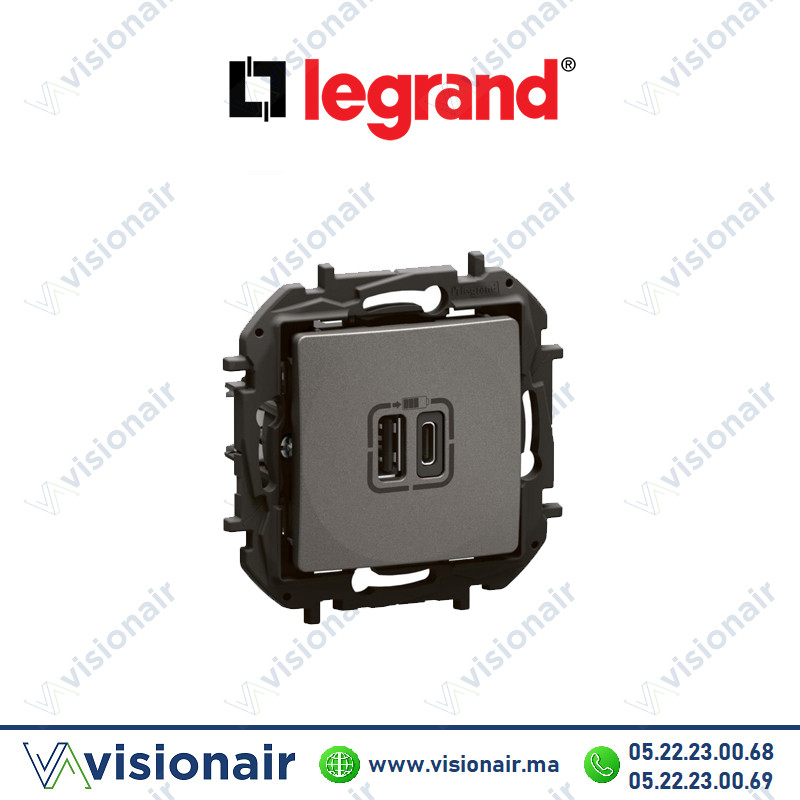 Chargeur double USB Legrand Niloe Type-A + Type-C 3A 15W Gris Casablanca Maroc