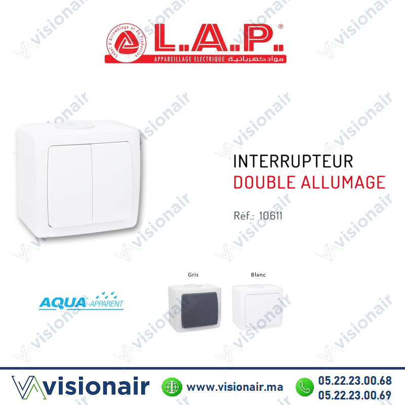 Interrupteur double allumage étanche LAP AQUA apparent Blanc 10611BL Casablanca Maroc