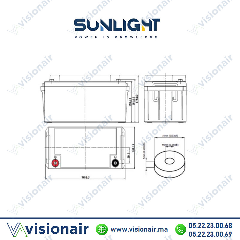 Batterie SUNLIGHT 12V 82AH 370W SPHR étanche VRLA AGM Casablanca Maroc