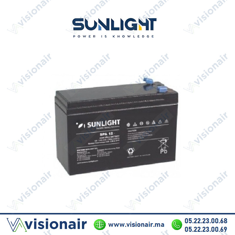 Batterie SUNLIGHT 12V 9AH 48W SPHR étanche VRLA AGM Casablanca Maroc