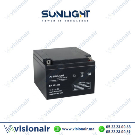Batterie onduleur SUNLIGHT 12V 26AH SPA étanche VRLA AGM Casablanca Maroc