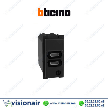 Prise 2 x USB Type C 15W 1M BTICINO Living Now Noir BTK4191CC Casablanca Maroc