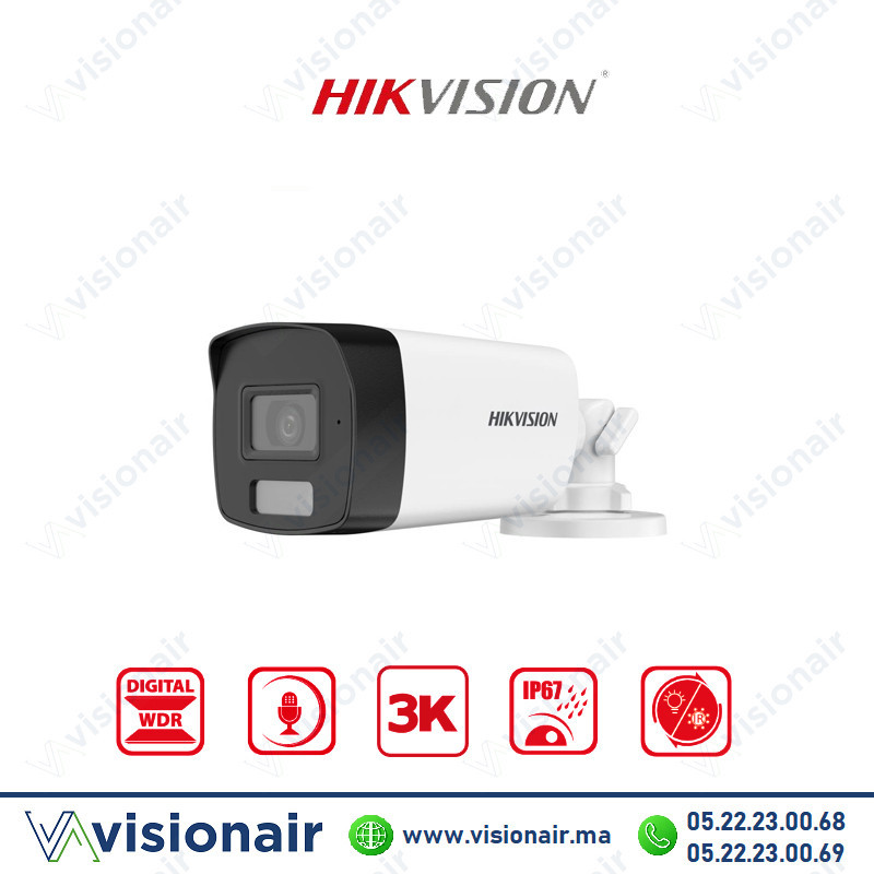 Caméra Hikvision 3k 5MP Bullet Smart Hybrid Light Audio DS-2CE17K0T-LFS Casablanca Maroc