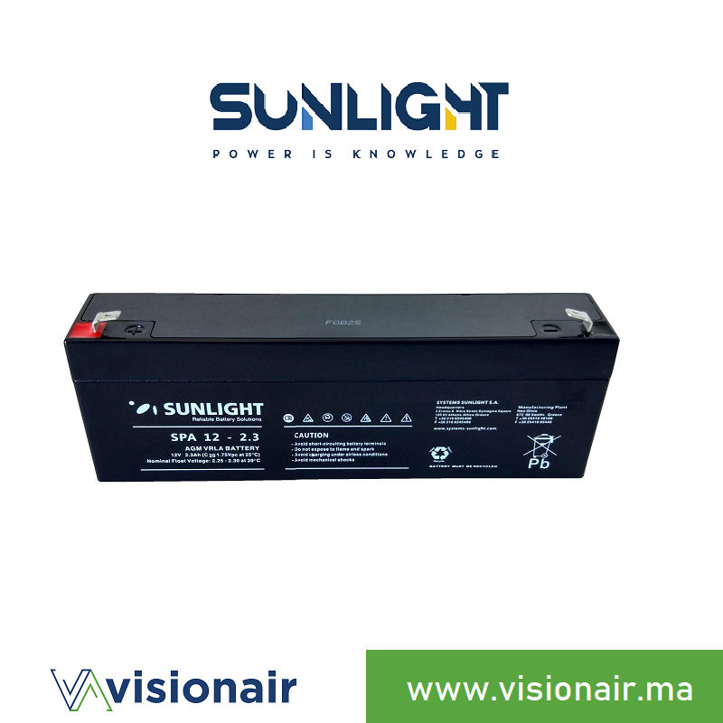 Batterie SUNLIGHT 12V 2,3AH SPA étanche VRLA AGM Casablanca maroc