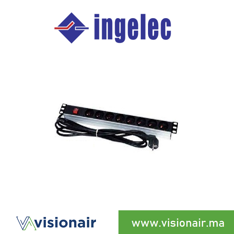 Multiprise 19" alu INGELEC 1U 8P+T avec interrupteur 3m BM830PIL-A Casablanca Maroc