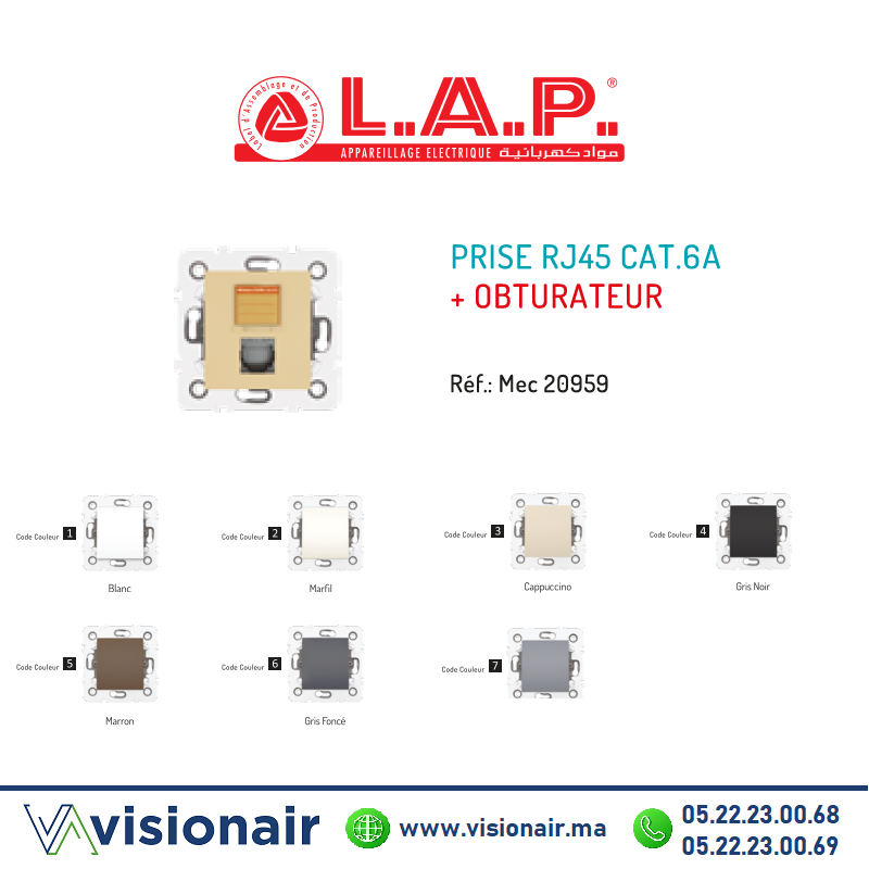 Prise RJ45 CAT6A + obturateur LAP MILLENIUM Casablanca Maroc