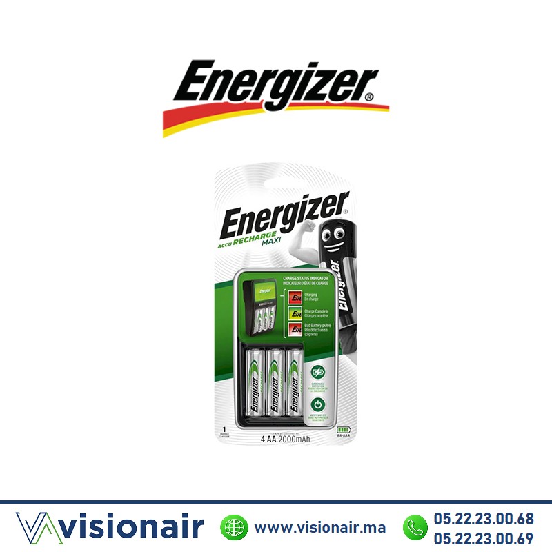 Chargeur de piles Energizer + 4 Piles rechargeable AA HR06 2000mAH Casablanca Maroc