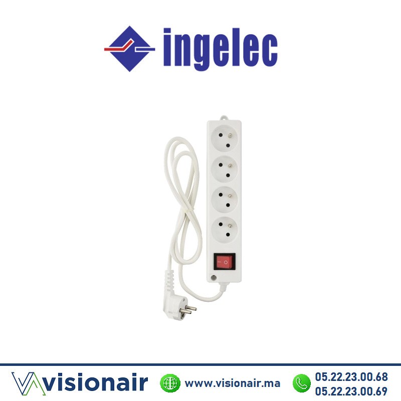 Rallonge multiprise INGELEC 4 prises 2P+T 1,5m avec interrupteur blanc Casablanca Maroc