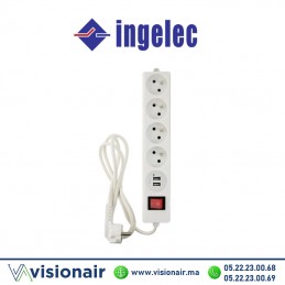 Multiprise 4 prises INGELEC 2P+T 1,5m avec interrupteur + 2 ports USB blanc - VISIONAIR Maroc