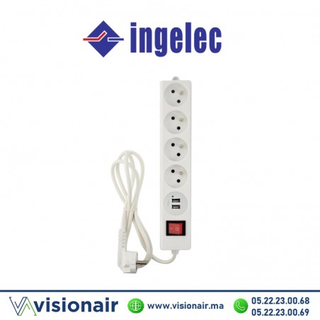 Multiprise 4 prises INGELEC 2P+T 1,5m avec interrupteur + 2 ports USB blanc - VISIONAIR Maroc