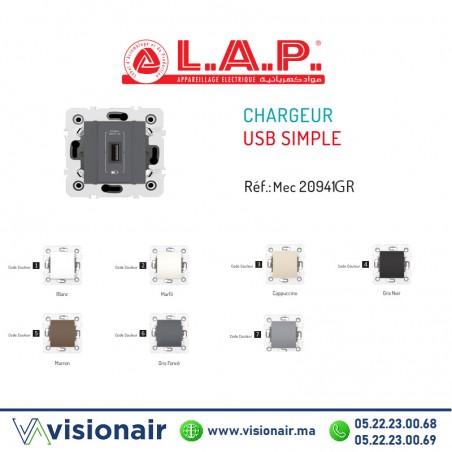 Chargeur USB simple LAP MILLENIUM Gris Foncé 20941GR6  Casablanca Maroc
