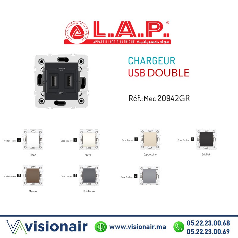 Chargeur USB double LAP Millenium  Gris Noir 20942GRN4 - Visionair Maroc