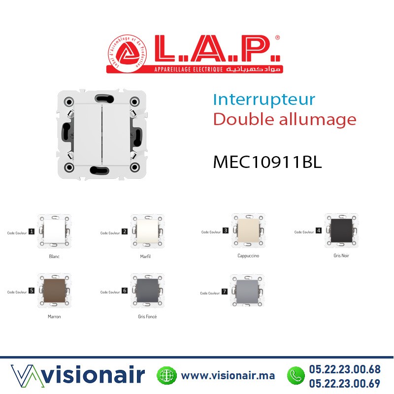 Interrupteur double allumage Blanc LAP Millenium 10911BL1  - Visionair Maroc
