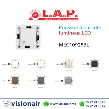 Poussoir à bascule  lumineux LAP Millenium blanc 10928BL1Casablanca Maroc
