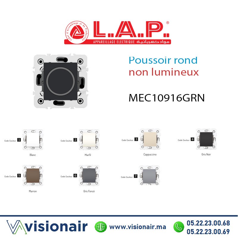 Poussoir rond non lumineux LAP Millenium Gris noir 10916GRN4 Casablanca Maroc