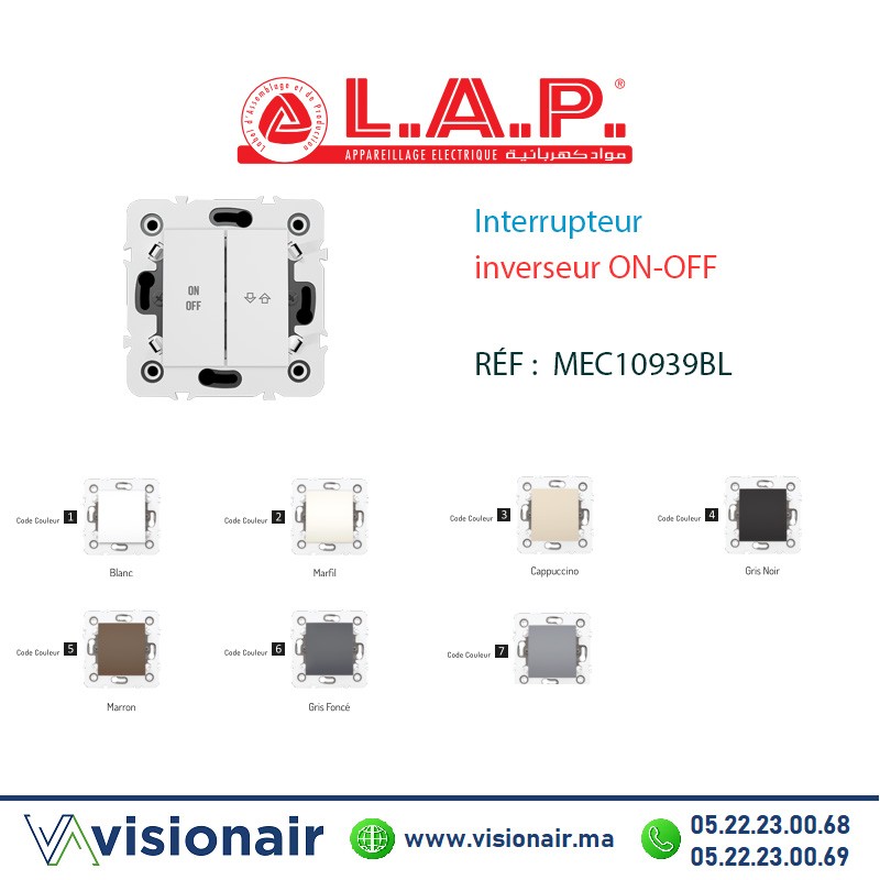 Interrupteur inverseur ON-OFF blanc LAP Millenium 10939BL1 Casablanca Maroc