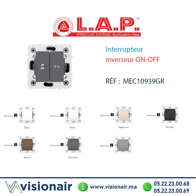 Interrupteur inverseur ON-OFF Gris foncé LAP Millenium 10939GR5 Casablanca Maroc
