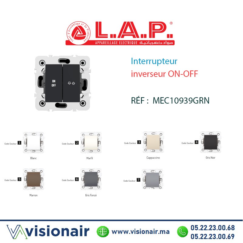 Interrupteur inverseur ON-OFF Gris noir LAP Millenium 10939GRN5 Casablanca Maroc