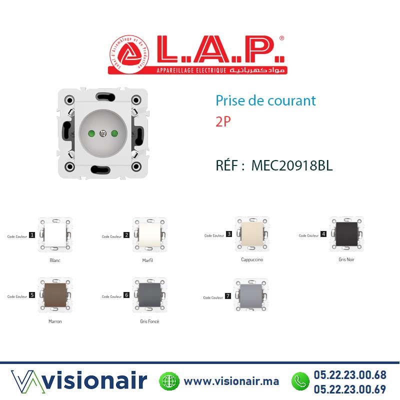 Prise de courant 2P blanc LAP Millenium 20918BL1 Casablanca Maroc