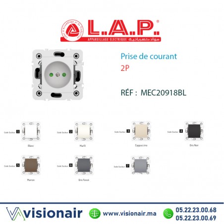 Prise de courant 2P blanc LAP Millenium 20918BL1 Casablanca Maroc