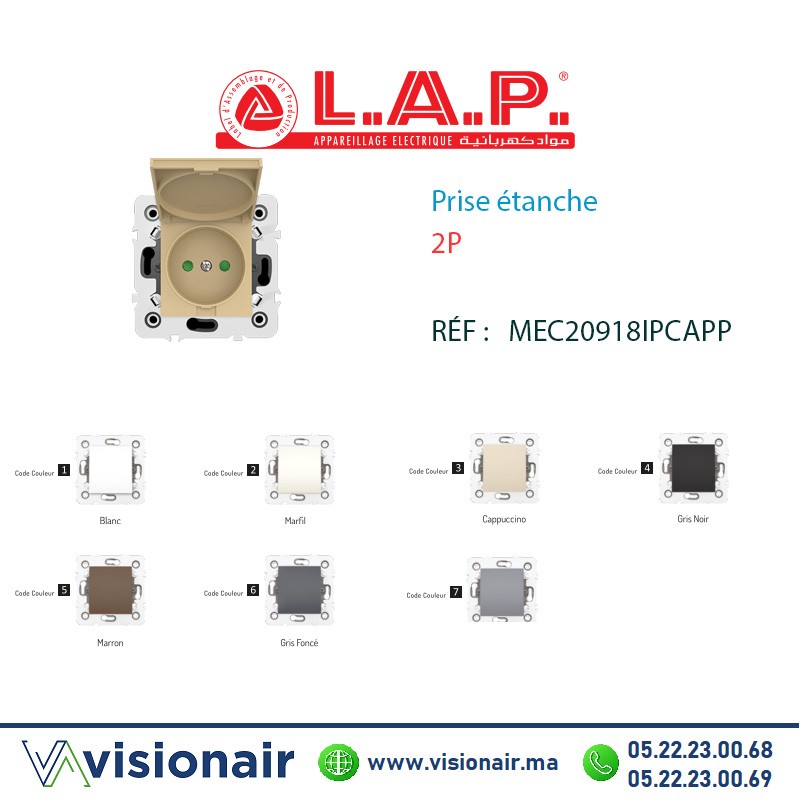 Prise étanche 2P cappuccino LAP Millenium 20918IPCAP3 Casablanca Maroc