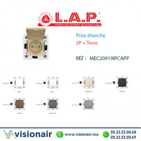 Prise étanche 2P+Terre blanc LAP Millenium LAP20919IPBL1 Casablanca Maroc