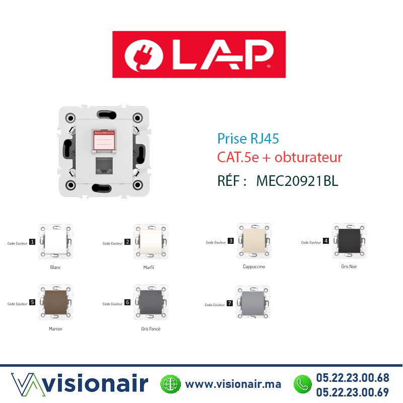 Prise RJ45 CAT.5e + obturateur  blanc LAP MILLENIUM  20921BL1 Casablanca Maroc