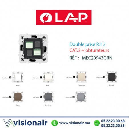 Double prise RJ12 CAT3 + obturateur Gris noir LAP MILLENIUM 20943GRN4 Casablanca Maroc