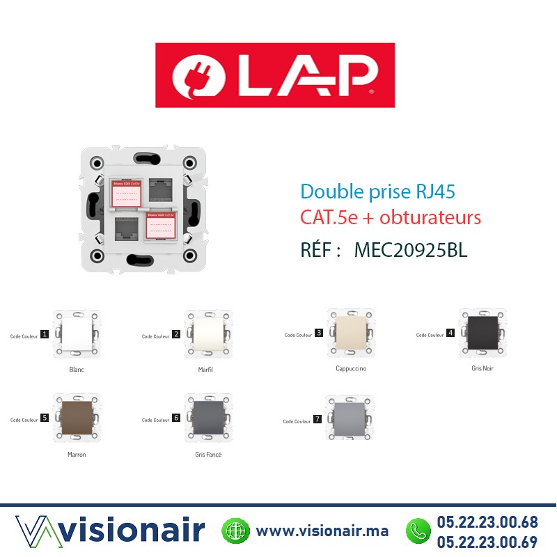 Double prise RJ45 CAT.5e + obturateurs blanc LAP Millenium 20925BL1 Casablanca Maroc