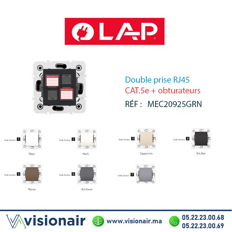 Double prise RJ45 CAT.5e + obturateurs Gris noir LAP Millenium 20925GRN4 Casablanca Maroc