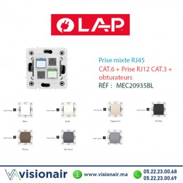 Prise mixte RJ45 CAT.6+Prise RJ12 CAT.3 obturateurs blanc LAP Millenium 20935BL1 Casablanca Maroc