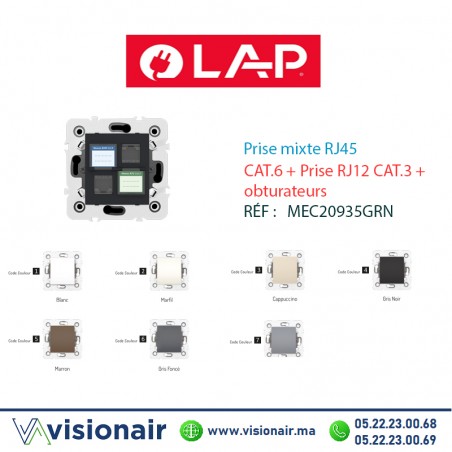 Prise mixte RJ45 CAT.6+Prise RJ12 CAT.3 obturateurs Gris foncé  LAP Millenium 20935GRN4 - Visionair Maroc