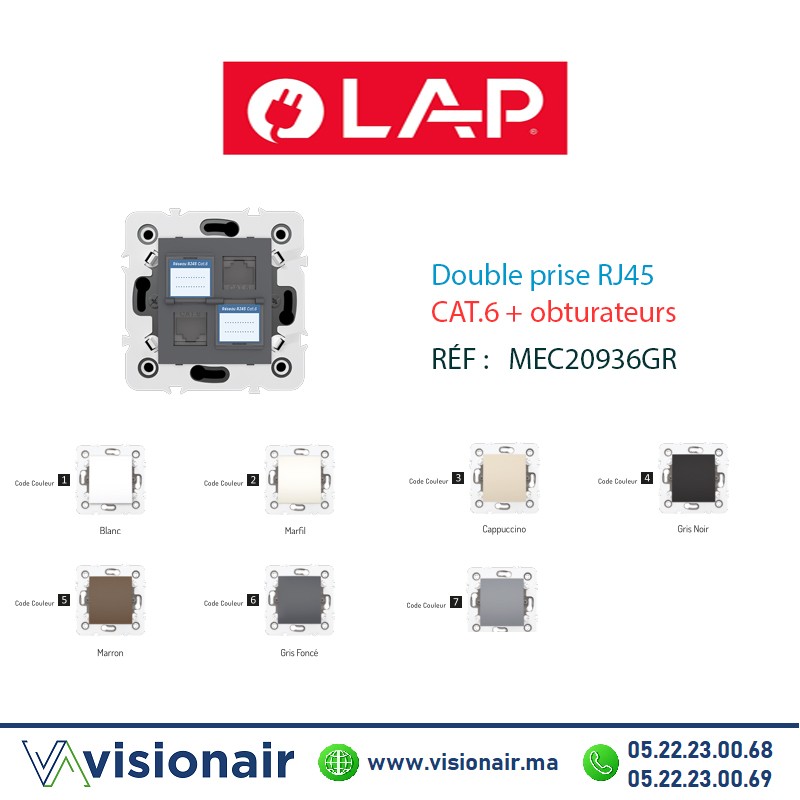 Double prise RJ45 CAT.6 + obturateurs Gris foncé LAP Millenium  20936GR6  Casablanca Maroc