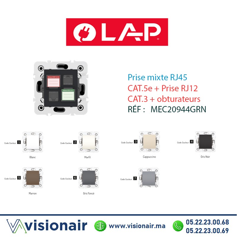 Prise mixte RJ45 CAT.5e + Prise RJ12 CAT.3 + obturateurs Gris noir LAP Millenium 20944GRN4 Casablanca Maroc