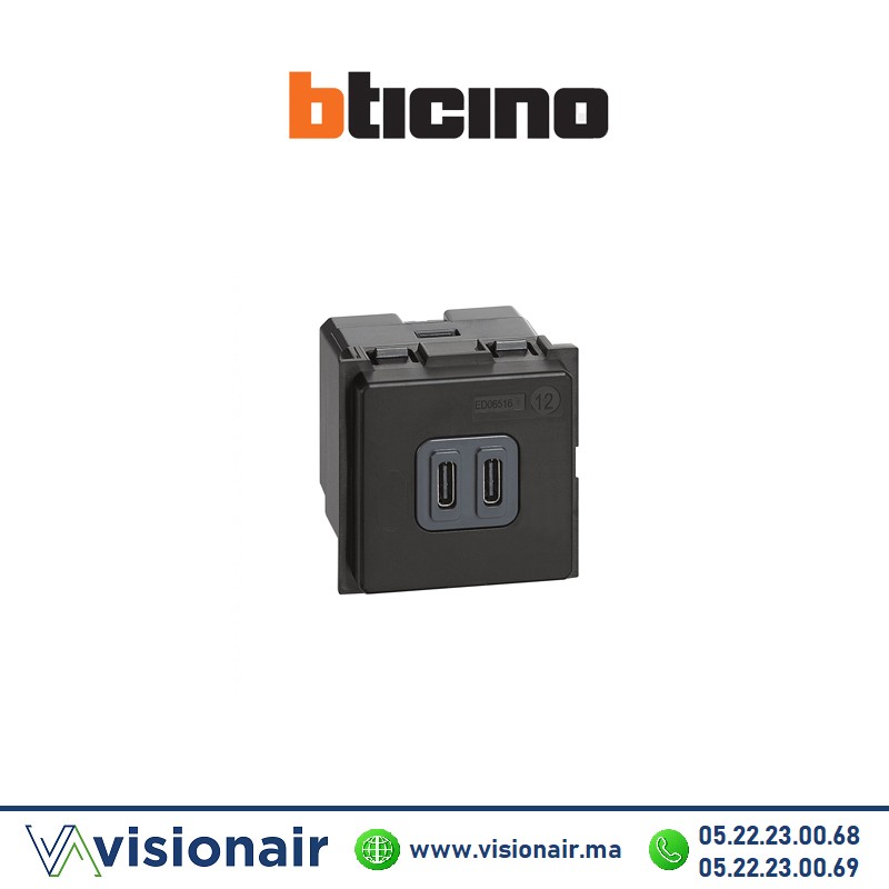 Prise 2 USB TYPE C 3A 15W 2M BTICINO Living Now noir BTK4286C2 Casablanca Maroc