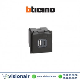 Prise 1USB TYPE A + 1 USB TYPE C 3A 15W 2M BTICINO Living Now noir BTK4287C2 Casablanca Maroc