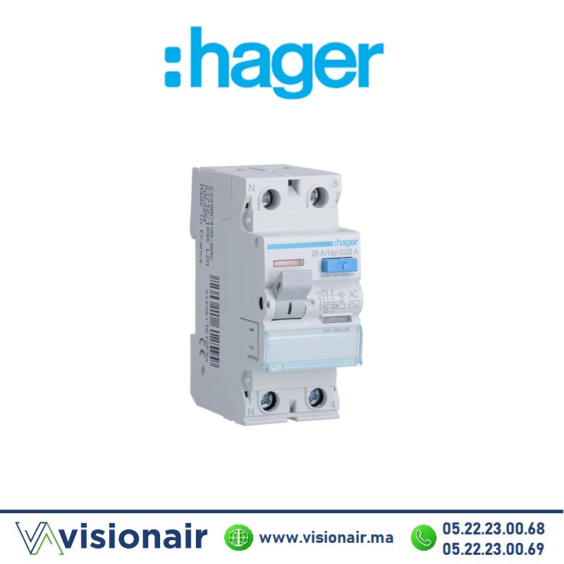 Interrupteur différentiel 2P HAGER 40A 30mA CDC240F  Casablanca Maroc