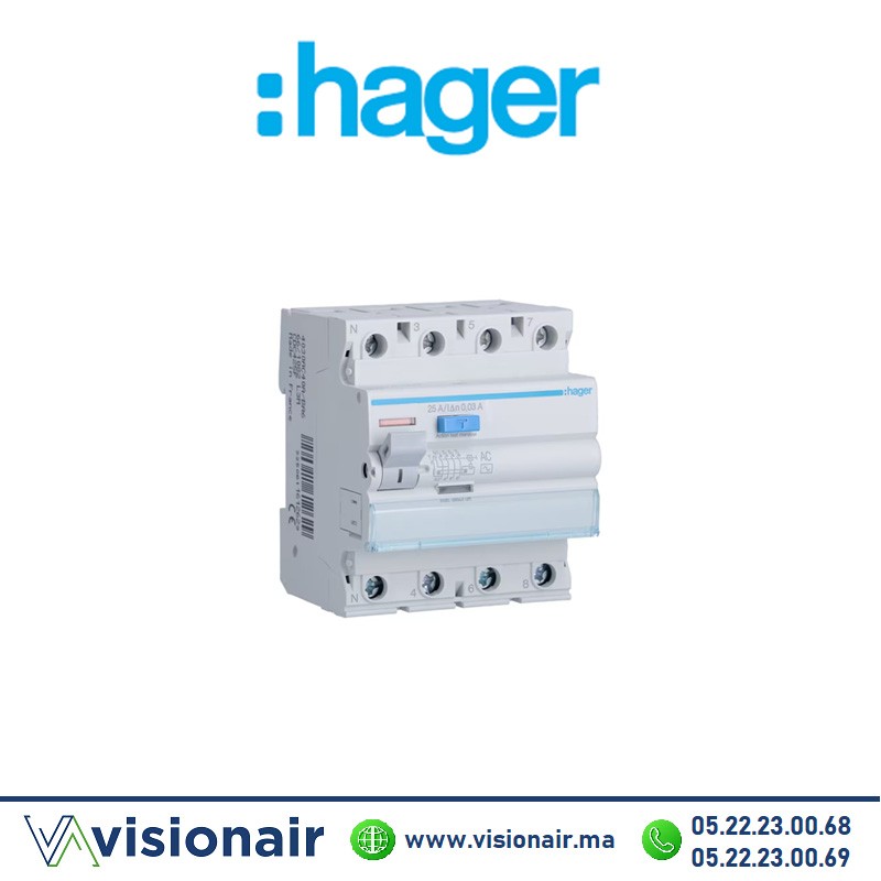 Interrupteur différentiel 4P HAGER  4x63A 30mA CDC463F  Casablanca Maroc