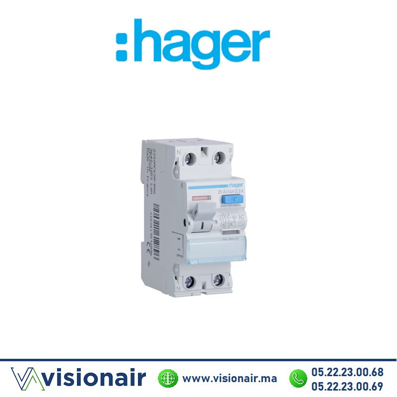Interrupteur différentiel 2P HAGER 2x25A 300mA CFC225F Casablanca Maroc
