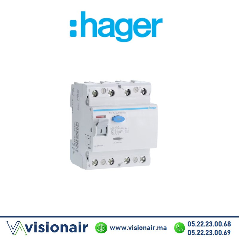 Interrupteur différentiel 4P HAGER  4x63A 300mA CFC463F Casablanca Maroc