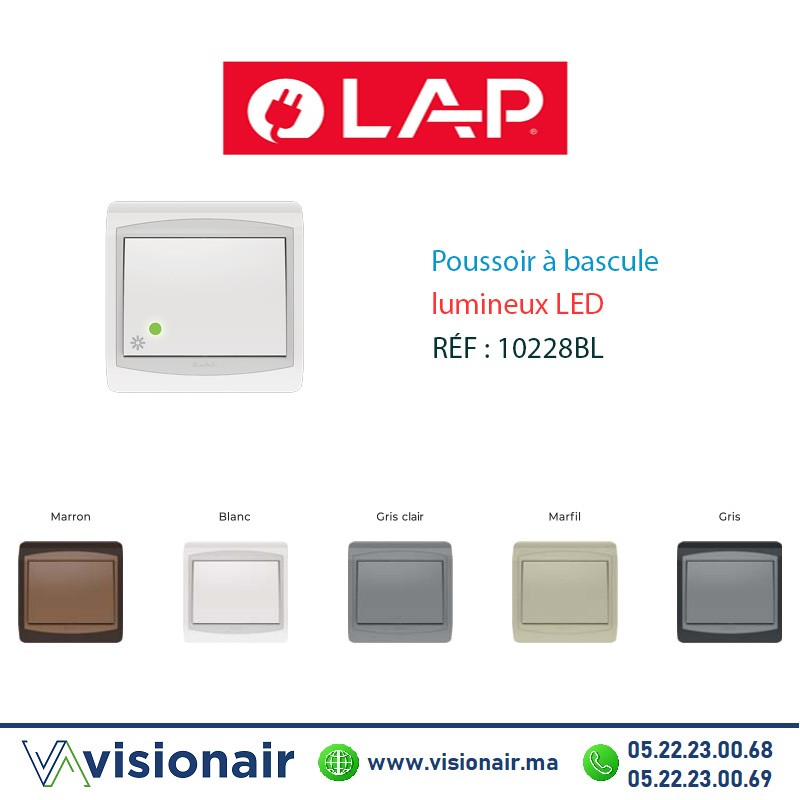 Poussoir à bascule lumineux LED LAP GALAXY blanc 10228BL Casablanca Maroc