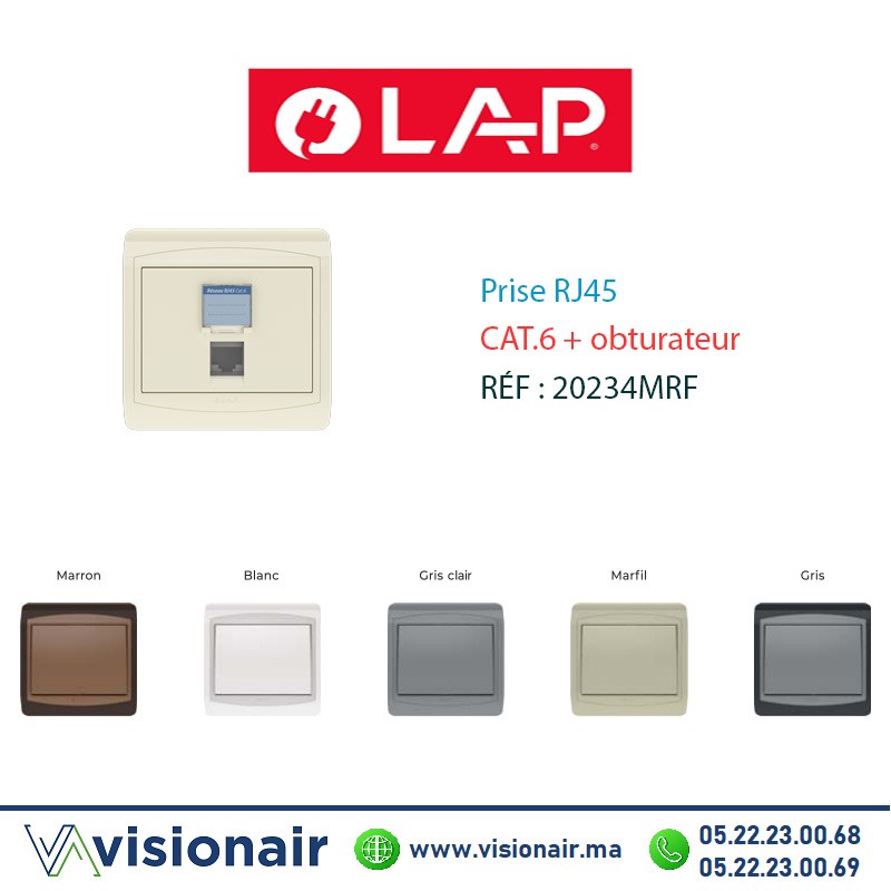 Prise RJ45 CAT6 + Obturateur LAP GALAXY Marfil 20234MRF Casablanca Maroc