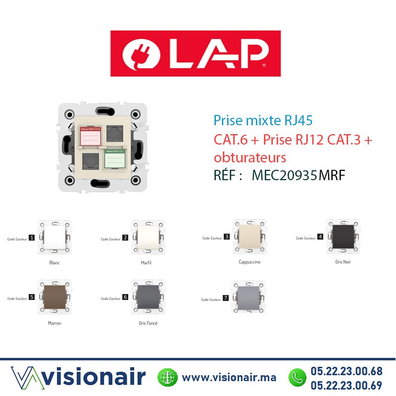 Prise mixte RJ45 CAT.5e + Prise RJ12 CAT.3 + obturateurs Marfil LAP Millenium 20944MRF2 Casablanca Maroc