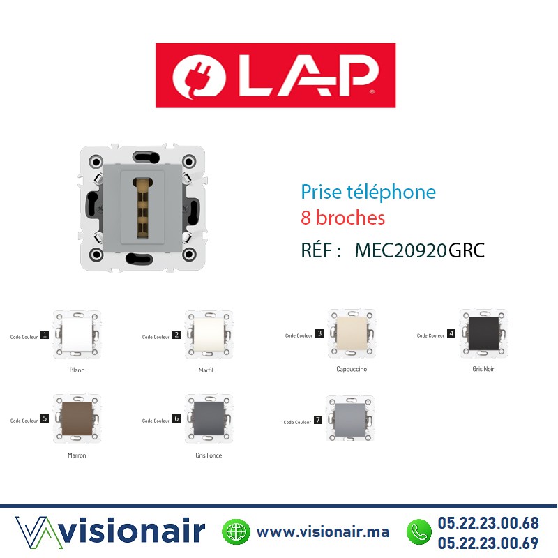 Prise téléphone 8 broches LAP MILLENIUM Gris clair 20920GRC7 Casablanca Maroc