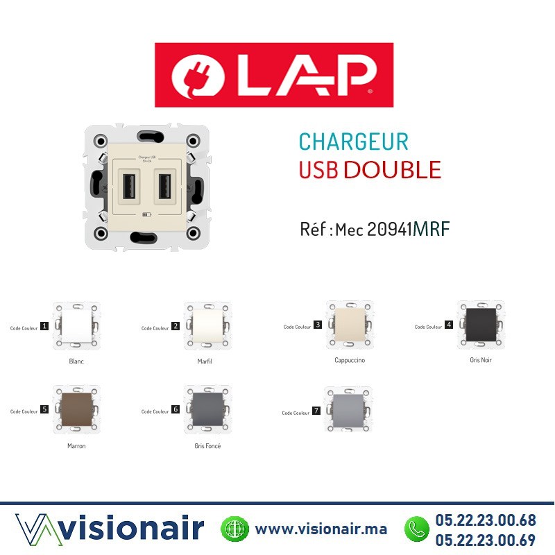Chargeur USB double LAP Millenuim Marfil 20942MRF2 - VISIONAIR Maroc