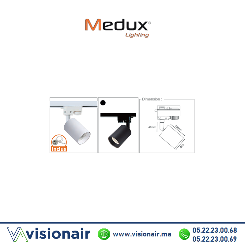 Projecteur sur rail en aluminium GU10 Blanc/Noir Casablanca Maroc