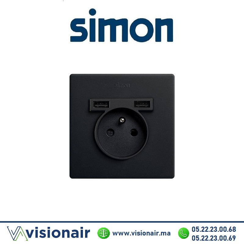 Kite monobloc Simon270 1 prise + 2USB Noir 27193610-098 Casablanca Maroc