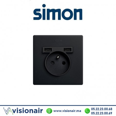 Kite monobloc Simon270 1 prise + 2USB Noir 27193610-098 Casablanca Maroc